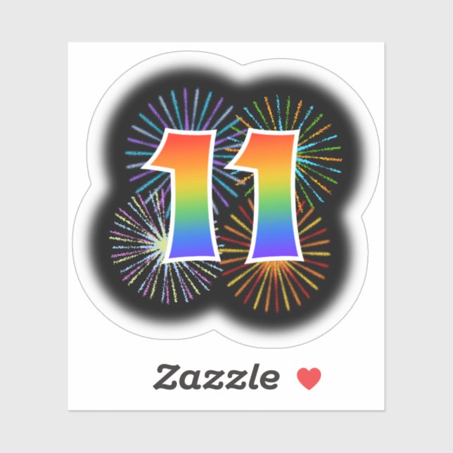Fun Fireworks + Rainbow Pattern "11" Event # Sticker (Sheet)