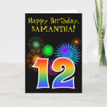 [ Thumbnail: Fun Fireworks + Rainbow Pattern "12" Birthday # Card ]