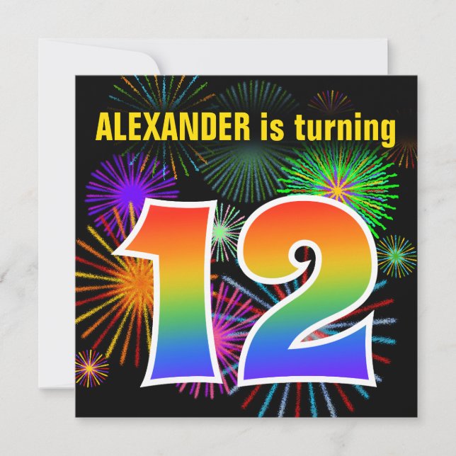 Fun Fireworks + Rainbow Pattern "12" Birthday # Invitation (Front)