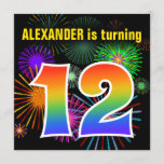 [ Thumbnail: Fun Fireworks + Rainbow Pattern "12" Birthday # Invitation ]