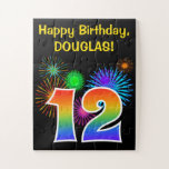 [ Thumbnail: Fun Fireworks + Rainbow Pattern "12" Birthday # Jigsaw Puzzle ]