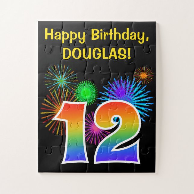 Fun Fireworks + Rainbow Pattern "12" Birthday # Jigsaw Puzzle (Vertical)