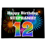 [ Thumbnail: Fun Fireworks + Rainbow Pattern "12" Birthday # Gift Bag ]