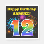 [ Thumbnail: Fun Fireworks + Rainbow Pattern "12" Birthday # Napkins ]