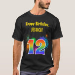 [ Thumbnail: Fun Fireworks + Rainbow Pattern "12" Birthday # T-Shirt ]