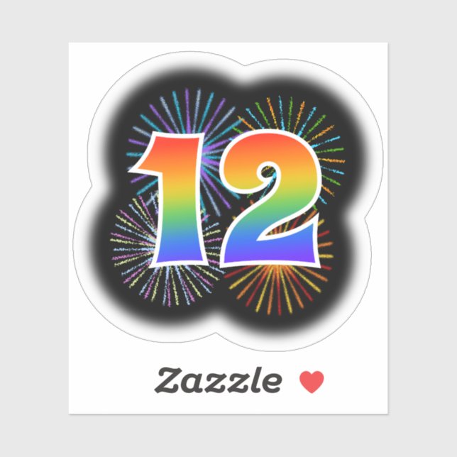 Fun Fireworks + Rainbow Pattern "12" Event # Sticker (Sheet)