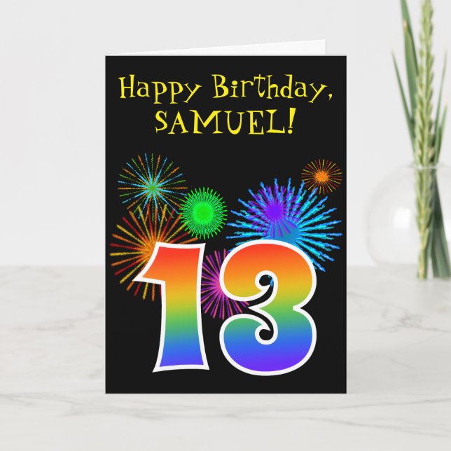 Fun Fireworks + Rainbow Pattern "13" Birthday # Card (Front)