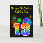 [ Thumbnail: Fun Fireworks + Rainbow Pattern "13" Birthday # Card ]
