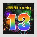 [ Thumbnail: Fun Fireworks + Rainbow Pattern "13" Birthday # Invitation ]