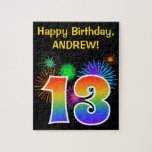 [ Thumbnail: Fun Fireworks + Rainbow Pattern "13" Birthday # Jigsaw Puzzle ]