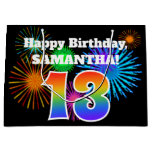 [ Thumbnail: Fun Fireworks + Rainbow Pattern "13" Birthday # Gift Bag ]