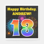 [ Thumbnail: Fun Fireworks + Rainbow Pattern "13" Birthday # Napkins ]