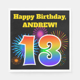 Fun Fireworks + Rainbow Pattern "13" Birthday # Napkins
