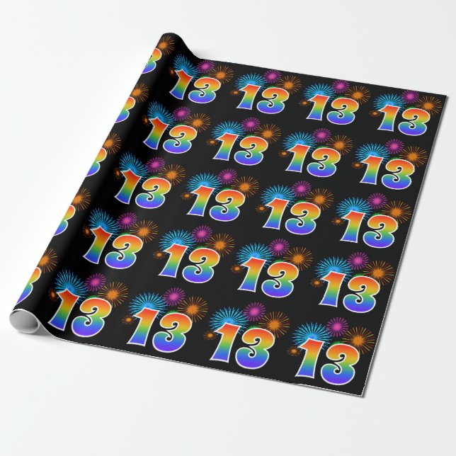 Fun Fireworks + Rainbow Pattern "13" Event Number Wrapping Paper (Unrolled)