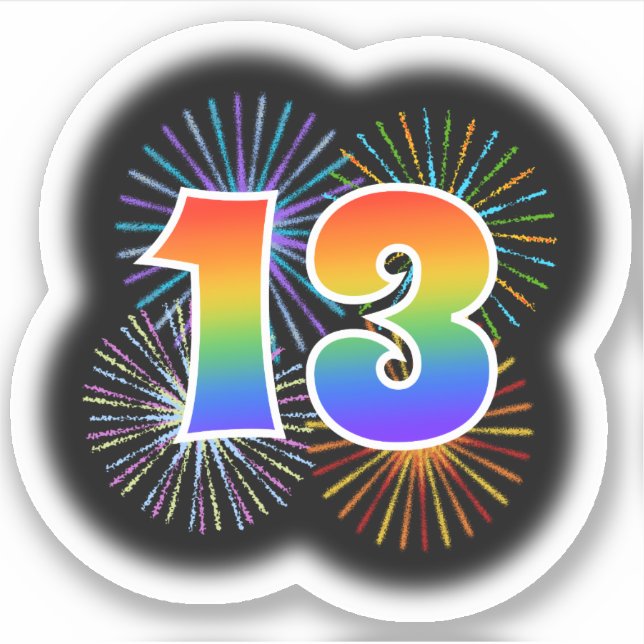 Fun Fireworks + Rainbow Pattern "13" Event # Sticker (Front)