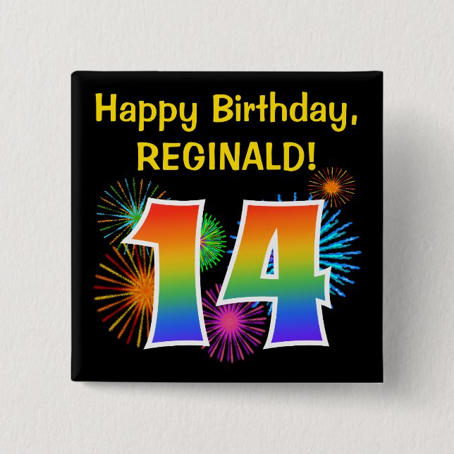 Fun Fireworks + Rainbow Pattern "14" Birthday # Button (Front)