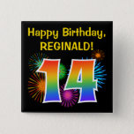 [ Thumbnail: Fun Fireworks + Rainbow Pattern "14" Birthday # Button ]