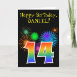 [ Thumbnail: Fun Fireworks + Rainbow Pattern "14" Birthday # Card ]