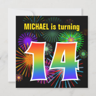 Fun Fireworks + Rainbow Pattern "14" Birthday # Invitation