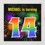 [ Thumbnail: Fun Fireworks + Rainbow Pattern "14" Birthday # Invitation ]
