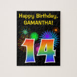 [ Thumbnail: Fun Fireworks + Rainbow Pattern "14" Birthday # Jigsaw Puzzle ]