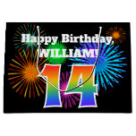 [ Thumbnail: Fun Fireworks + Rainbow Pattern "14" Birthday # Gift Bag ]