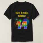 [ Thumbnail: Fun Fireworks + Rainbow Pattern "14" Birthday # T-Shirt ]