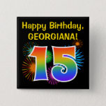 [ Thumbnail: Fun Fireworks + Rainbow Pattern "15" Birthday # Button ]