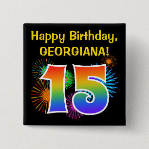 Fun Fireworks + Rainbow Pattern "15" Birthday # Button