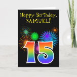 [ Thumbnail: Fun Fireworks + Rainbow Pattern "15" Birthday # Card ]