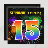 Fun Fireworks + Rainbow Pattern "15" Birthday # Invitation (Front/Back)