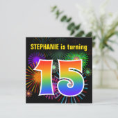 Fun Fireworks + Rainbow Pattern "15" Birthday # Invitation (Standing Front)