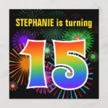 [ Thumbnail: Fun Fireworks + Rainbow Pattern "15" Birthday # Invitation ]