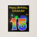 [ Thumbnail: Fun Fireworks + Rainbow Pattern "15" Birthday # Jigsaw Puzzle ]