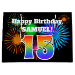 [ Thumbnail: Fun Fireworks + Rainbow Pattern "15" Birthday # Gift Bag ]