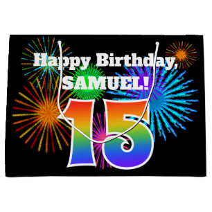 Fun Fireworks + Rainbow Pattern "15" Birthday # Large Gift Bag
