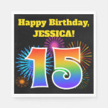 [ Thumbnail: Fun Fireworks + Rainbow Pattern "15" Birthday # Napkins ]