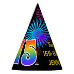 [ Thumbnail: Fun Fireworks + Rainbow Pattern "15" Birthday # Party Hat ]