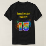 [ Thumbnail: Fun Fireworks + Rainbow Pattern "15" Birthday # T-Shirt ]