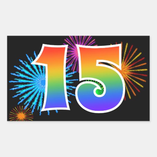 Fun Fireworks  Rainbow Pattern 15 Event Number Rectangular Sticker