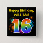 [ Thumbnail: Fun Fireworks + Rainbow Pattern "16" Birthday # Button ]