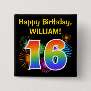 Fun Fireworks + Rainbow Pattern "16" Birthday # Button