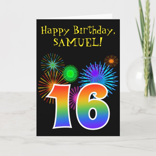 Fun Fireworks + Rainbow Pattern "16" Birthday # Card (Front)