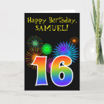 [ Thumbnail: Fun Fireworks + Rainbow Pattern "16" Birthday # Card ]