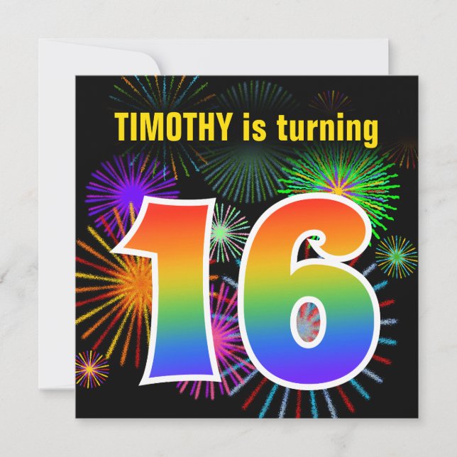 Fun Fireworks + Rainbow Pattern "16" Birthday # Invitation (Front)