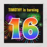 [ Thumbnail: Fun Fireworks + Rainbow Pattern "16" Birthday # Invitation ]