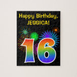 [ Thumbnail: Fun Fireworks + Rainbow Pattern "16" Birthday # Jigsaw Puzzle ]