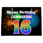 [ Thumbnail: Fun Fireworks + Rainbow Pattern "16" Birthday # Gift Bag ]