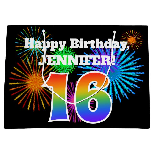 Fun Fireworks + Rainbow Pattern "16" Birthday # Large Gift Bag (Front)