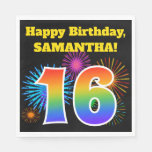 [ Thumbnail: Fun Fireworks + Rainbow Pattern "16" Birthday # Napkins ]